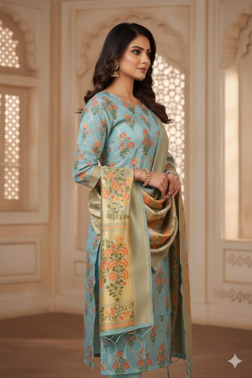 Silakaari Women's Blue Zari Work Designer Banarasi Unstitched Dress Material