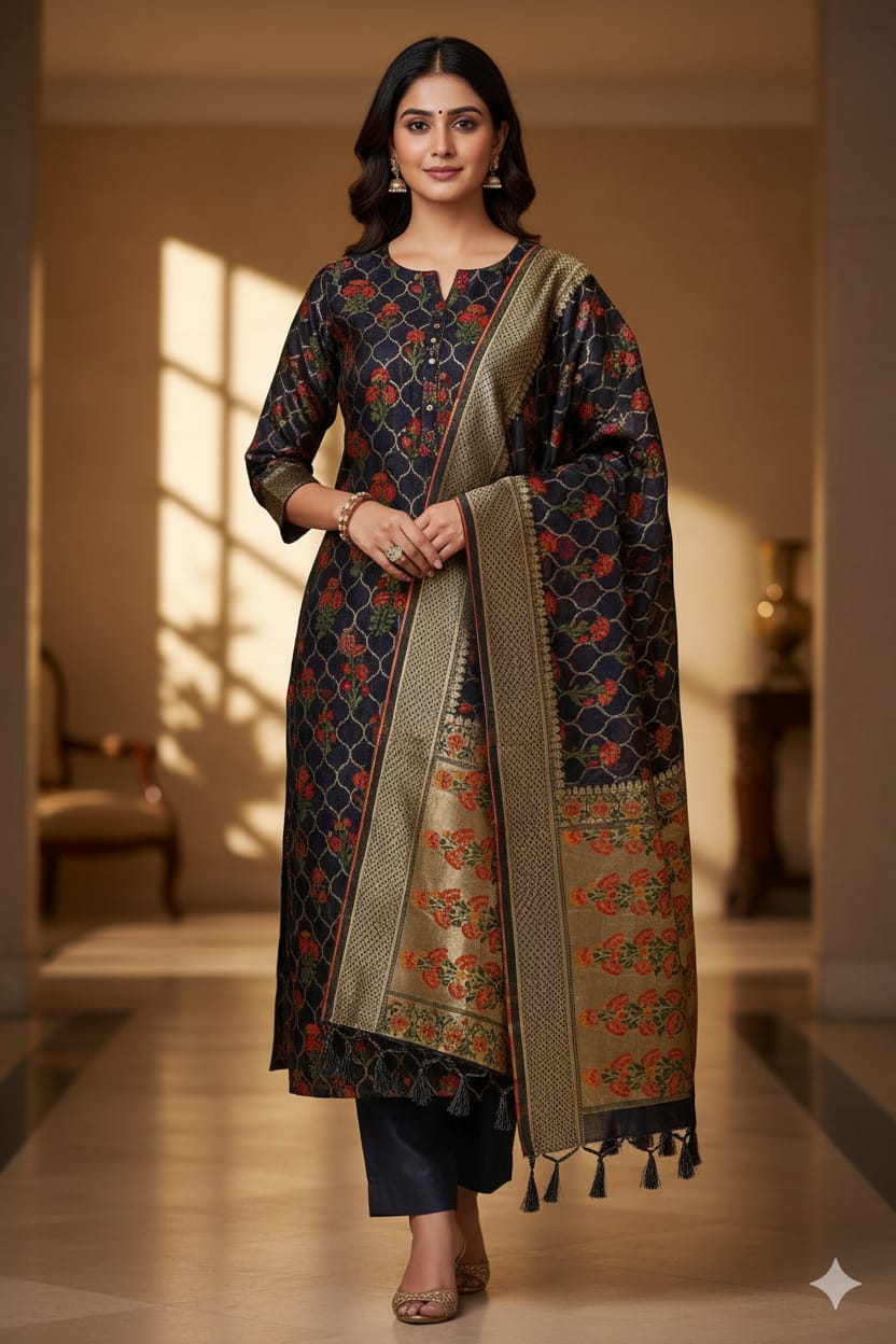 Silakaari Women's Navy Blue Zari Work Designer Banarasi Unstitched Dress Material