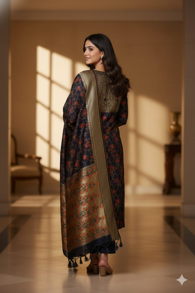 Silakaari Women's Navy Blue Zari Work Designer Banarasi Unstitched Dress Material