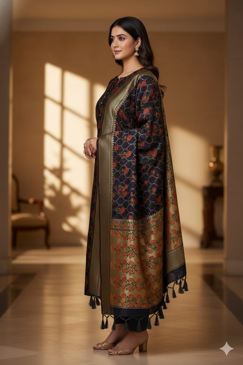 Silakaari Women's Navy Blue Zari Work Designer Banarasi Unstitched Dress Material