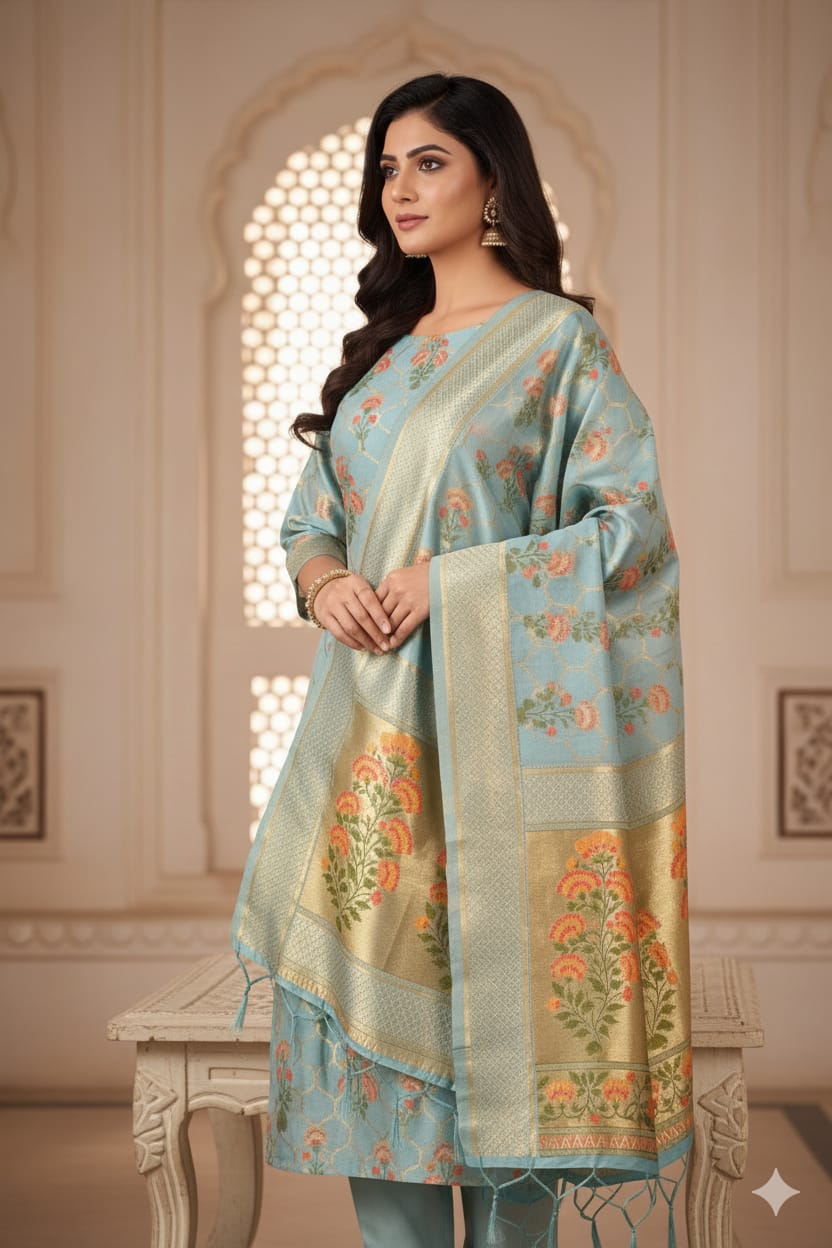 Silakaari Women's Blue Zari Work Designer Banarasi Unstitched Dress Material