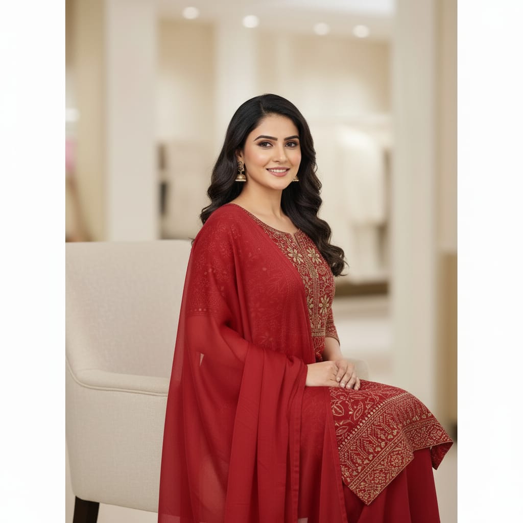 Silakaari Dulhan Gota Patti Maroon Full Jaal Premium Lucknowi Dress Material With Dupatta