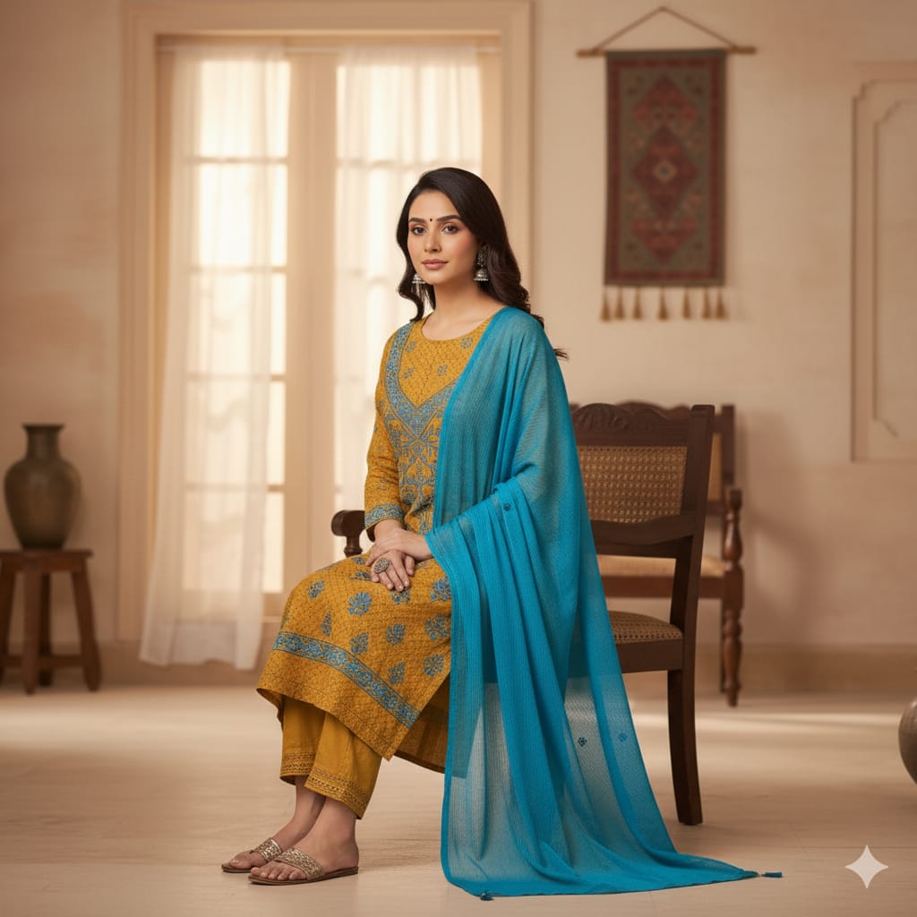 Silakaari Suhagan Beige-Blue Premium HandWork Lucknowi Chikankari Unstitched Dress Material