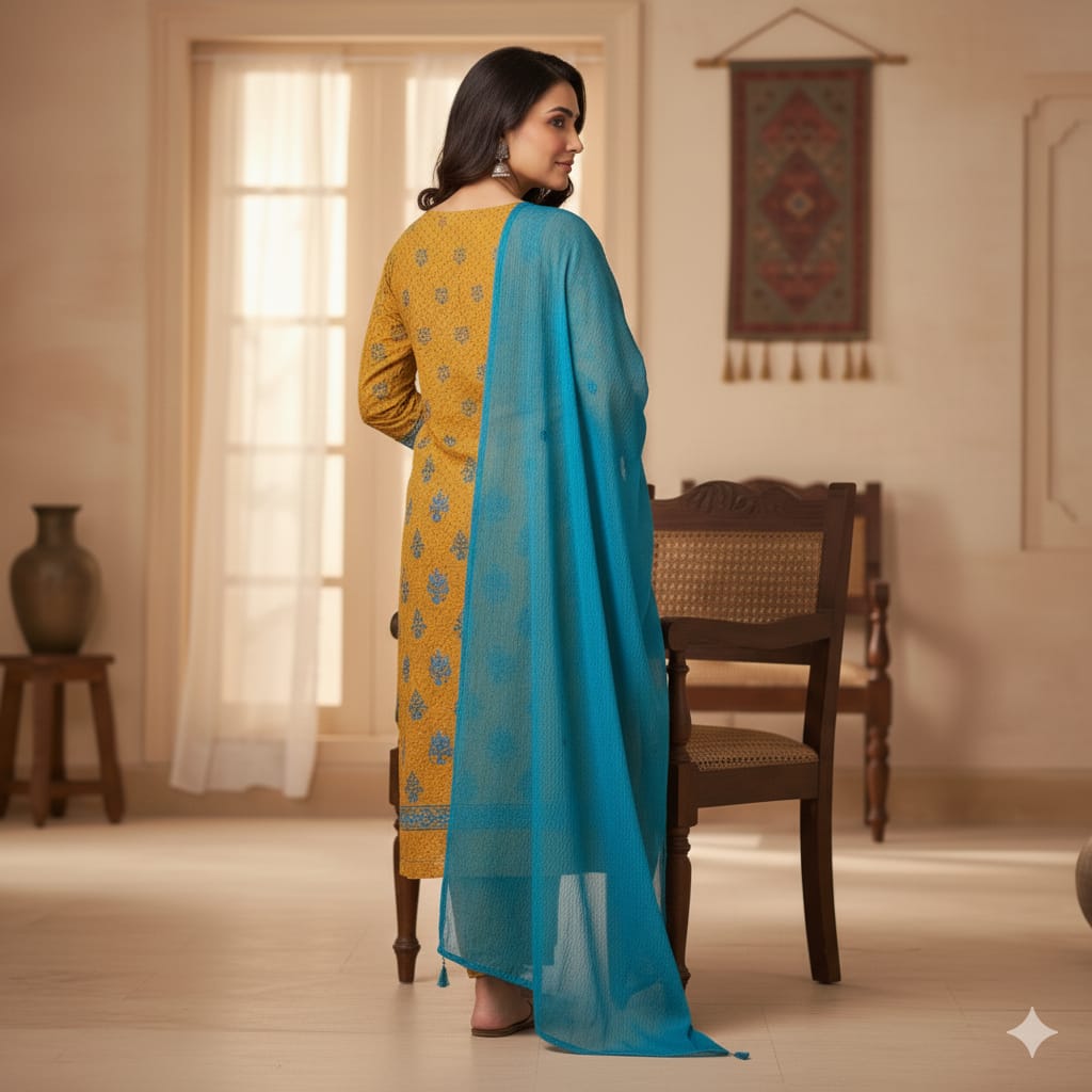 Silakaari Suhagan Beige-Blue Premium HandWork Lucknowi Chikankari Unstitched Dress Material