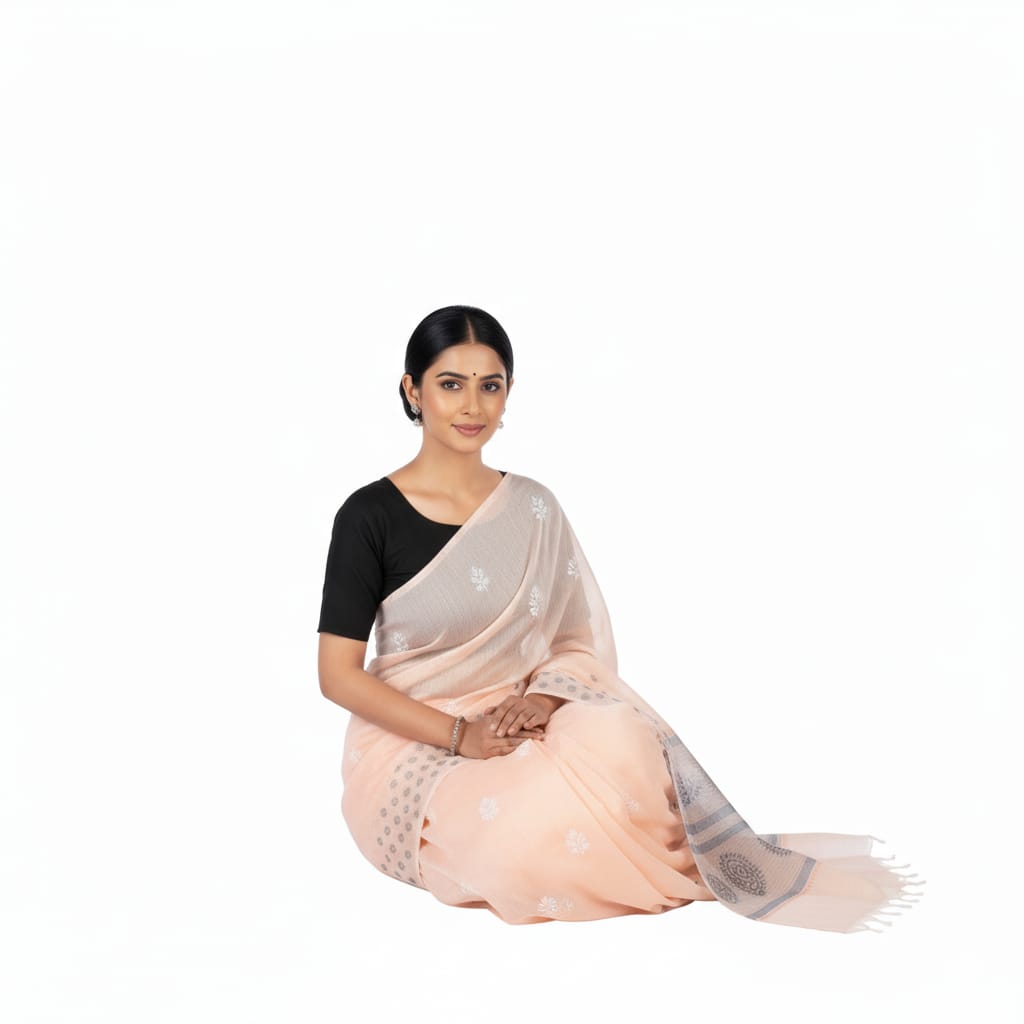 Silakaari Rangrez Peach-Grey Pure HandWork Chanderi Lucknowi Premium Saree