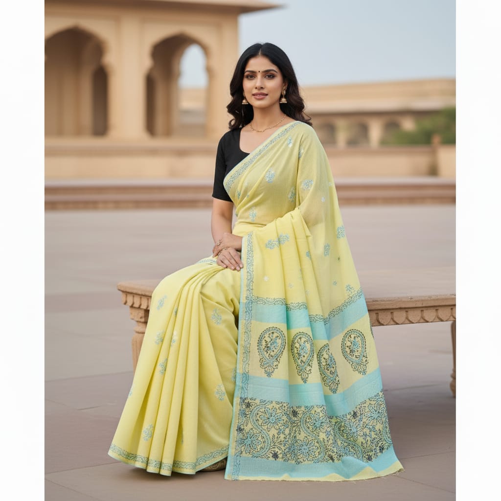 Silakaari Samiksha Green-Blue Patch work Pure Lucknowi Casual Wear Premium Saree