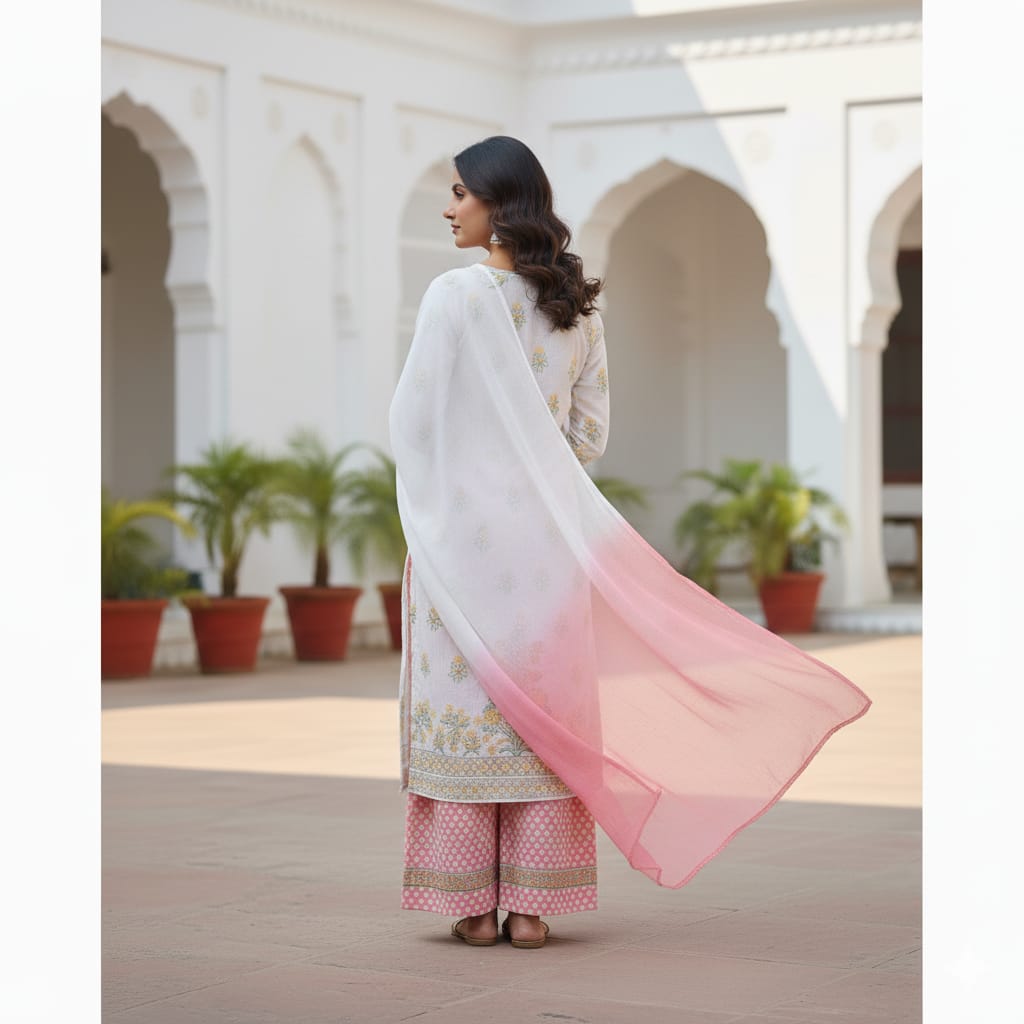 Silakaari Gulabi Polka Dot Pure Cotton Premium Lucknowi Dress Material With Dupatta