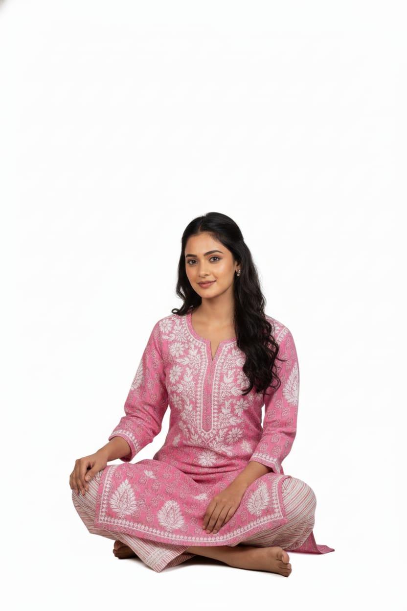 Silakaari Women's Pure Cotton Printed Lucknowi Kurti Pant Premium Set