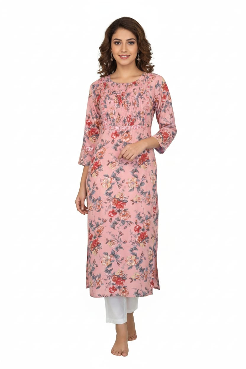 Silakaari Adeela Digital Printed Mirror Smocking Straight Long Kurti