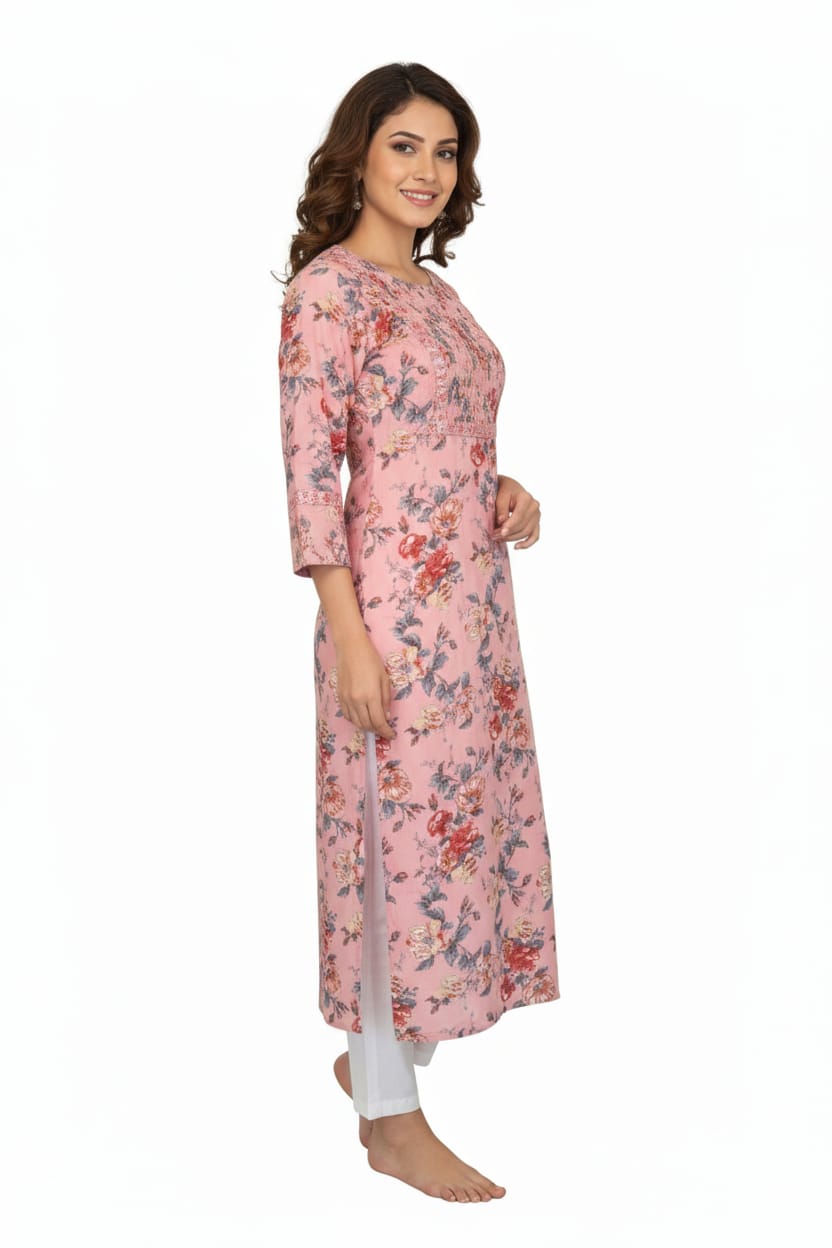 Silakaari Adeela Digital Printed Mirror Smocking Straight Long Kurti