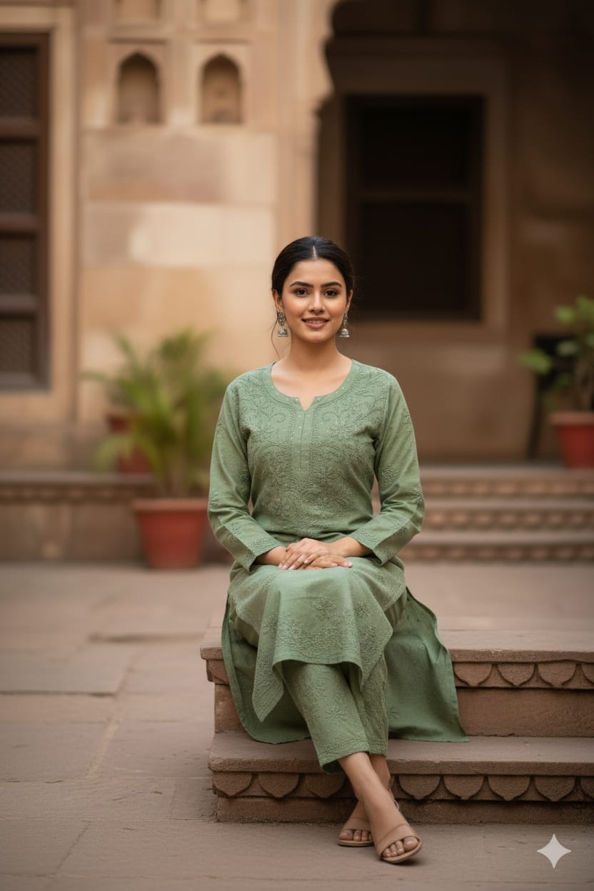 Silakaari Women's Pure Chanderi Golden Dots Kurti Palazzo Premium Lucknowi Set