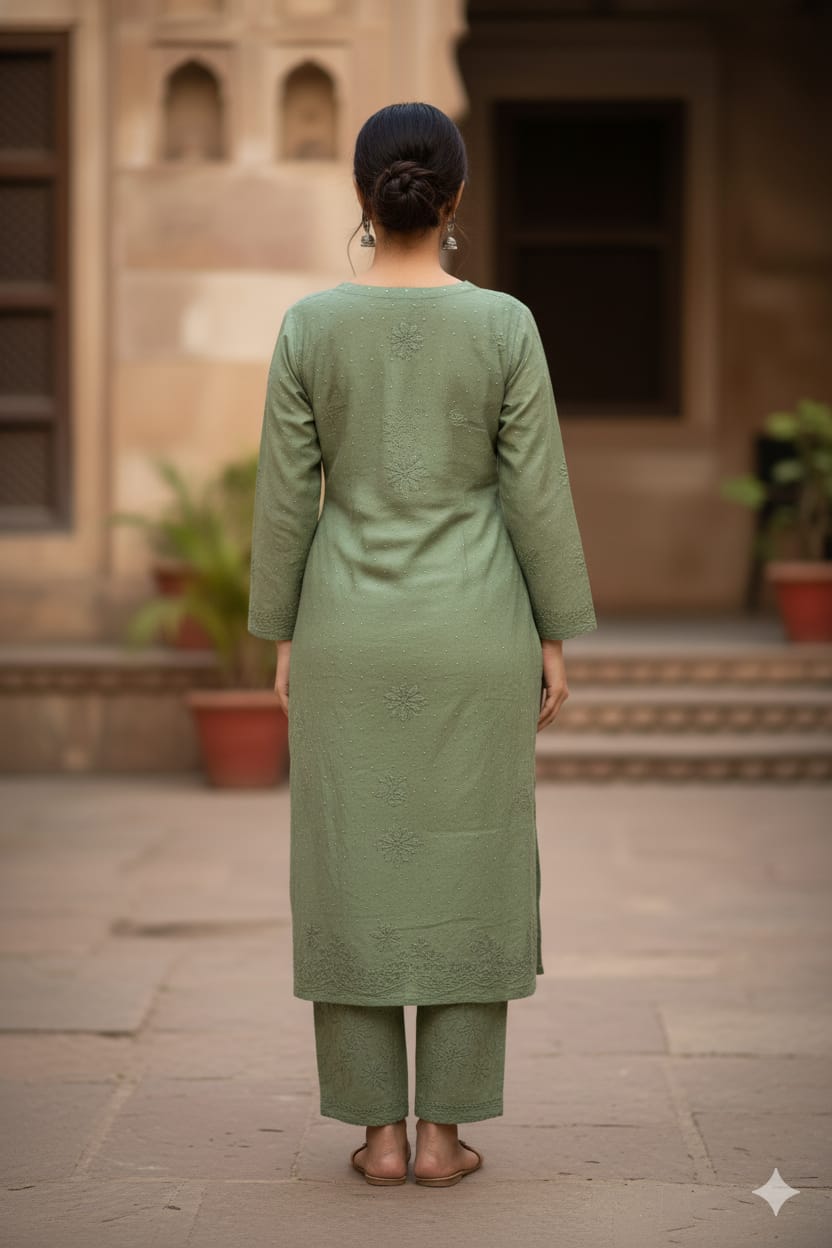 Silakaari Women's Pure Chanderi Golden Dots Kurti Palazzo Premium Lucknowi Set