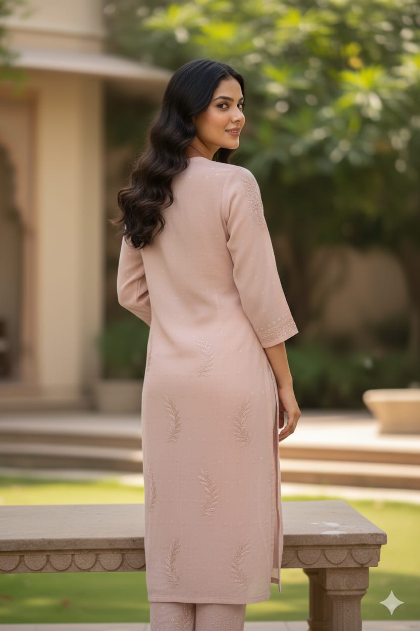 Silakaari Women's Pure Chanderi Golden Dots Kurti Palazzo Premium Lucknowi Set