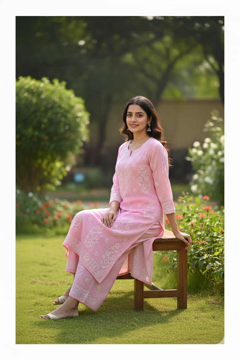 Silakaari Women's Pure Modal Lucknowi Premium Kurti Palazzo Set