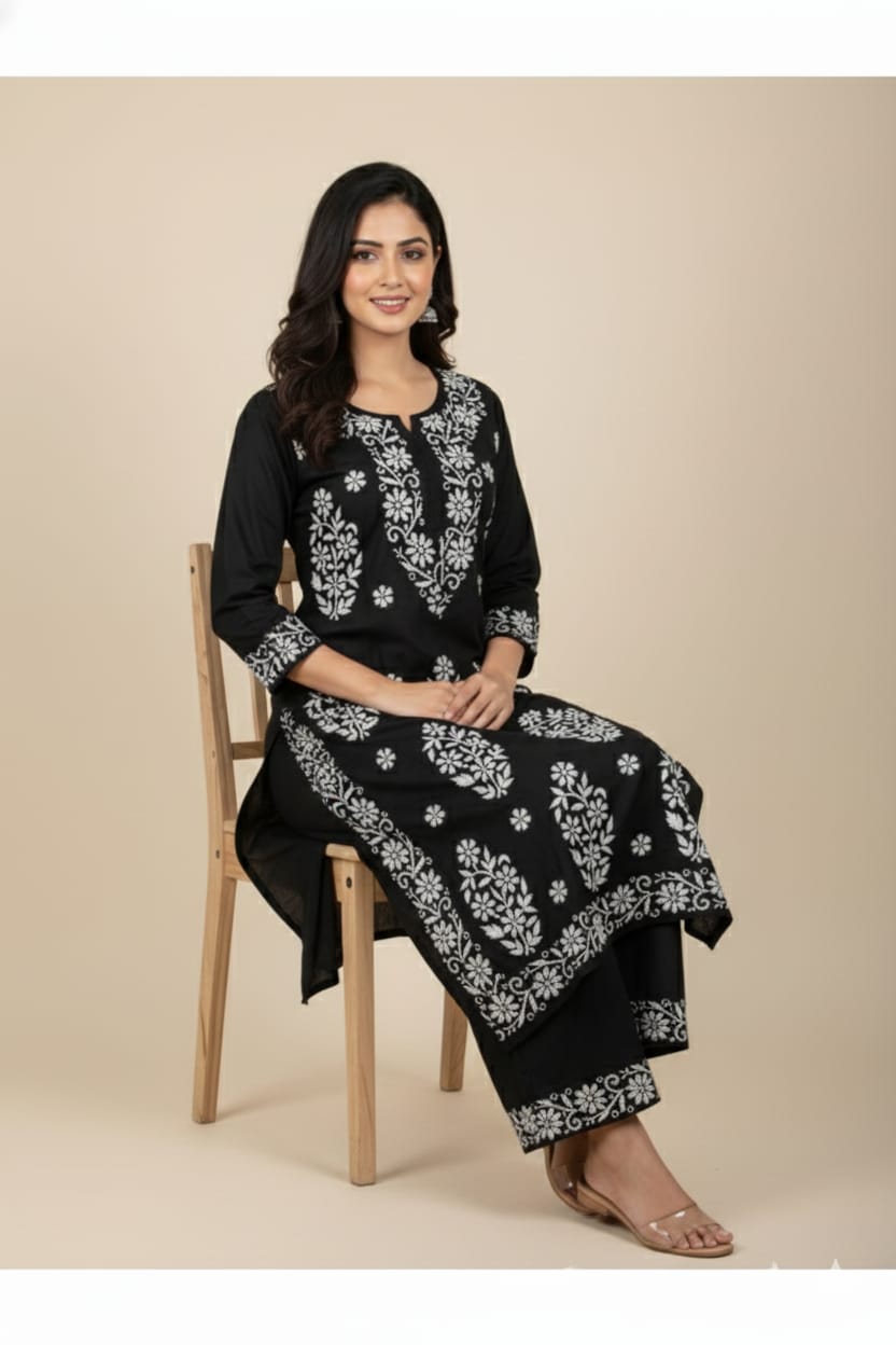 Silakaari Women's Pure Modal Lucknowi Premium Kurti Palazzo Set