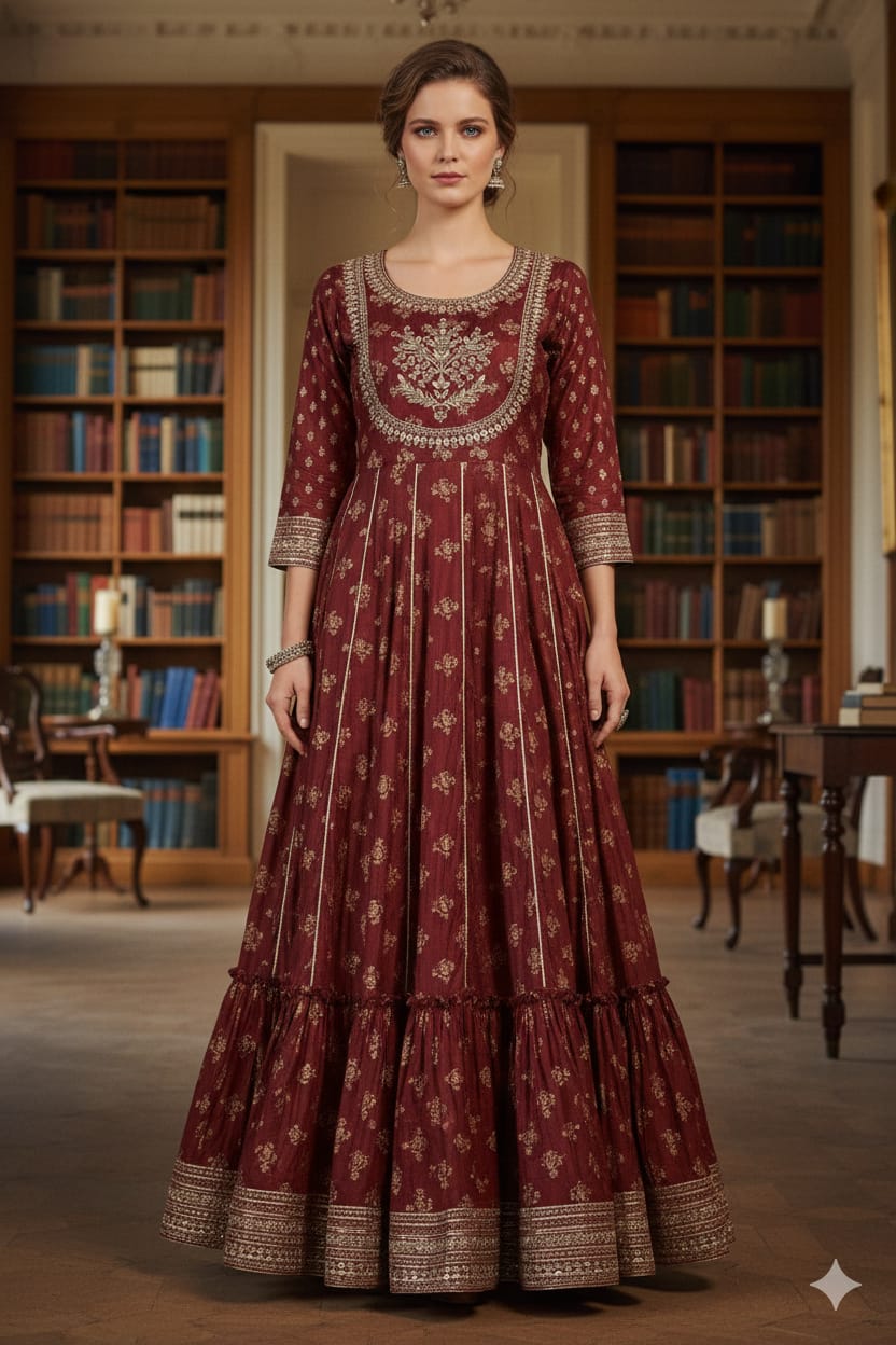 Silakaari Ezzah Red Cotton Foil Printed Full Length Anarkali