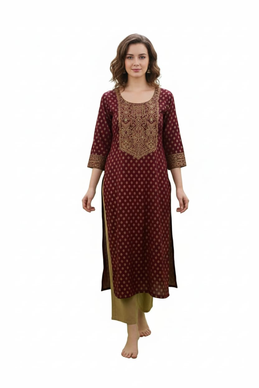 Silakaari Maleeka Maroon Foil Printed Rayon Long Kurti
