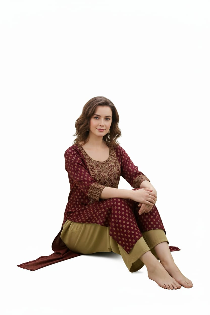Silakaari Maleeka Maroon Foil Printed Rayon Long Kurti