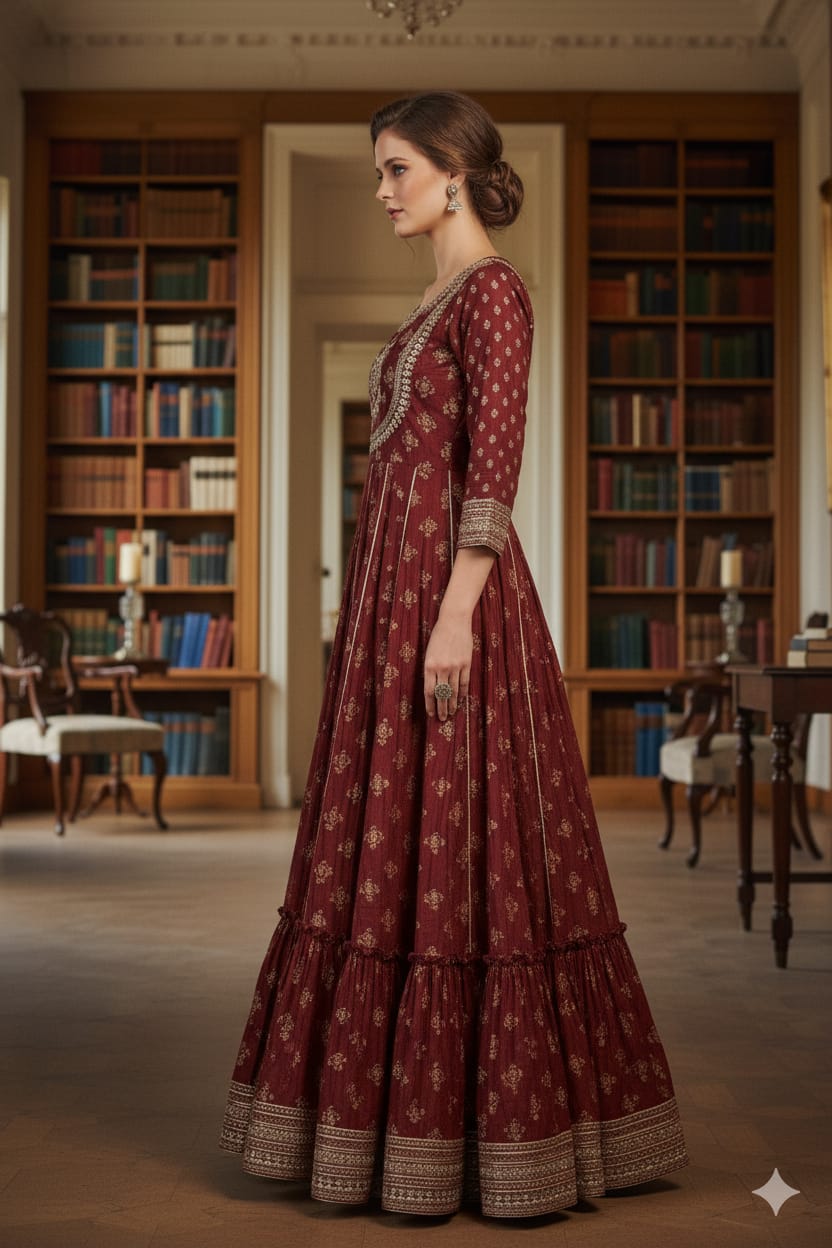 Silakaari Ezzah Red Cotton Foil Printed Full Length Anarkali