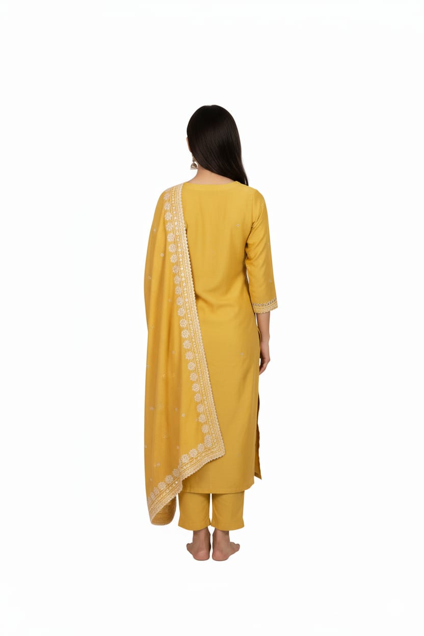 Silakaari Women's V Style Pearl Heavy Embroidered Pure Dola Silk Kurti Pant Dupatta Set