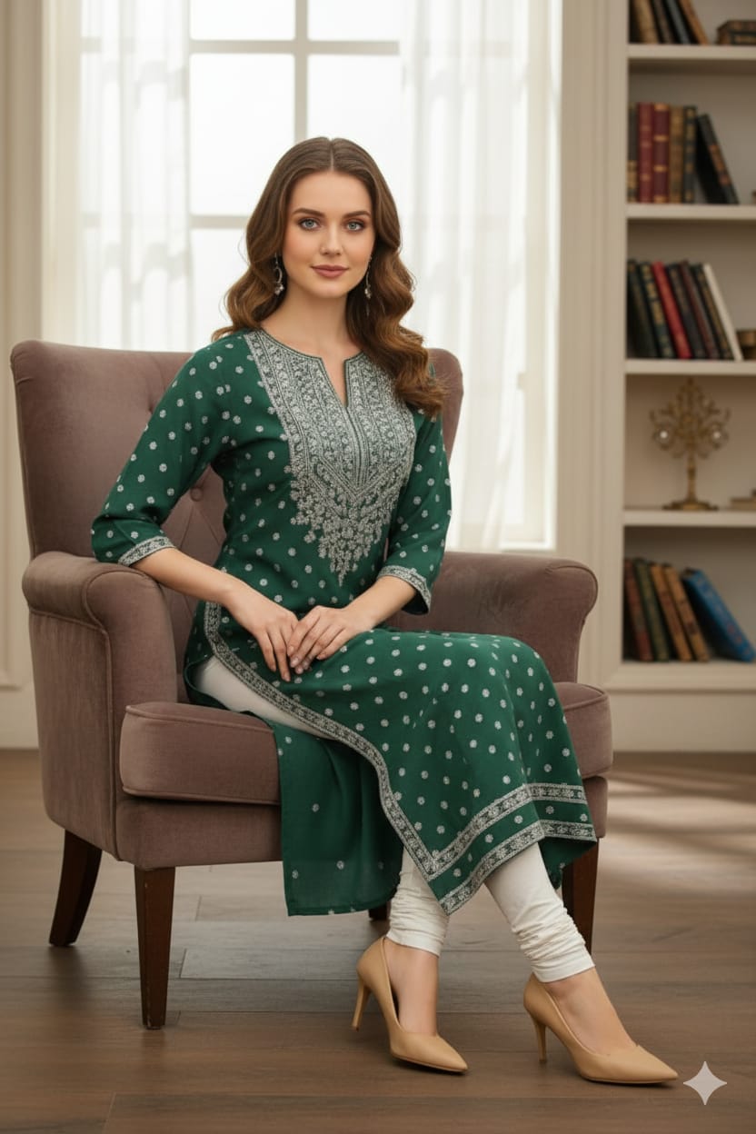 Silakaari Fariha Heavy Green Printed Mirror Work Full Length Aline Kurti