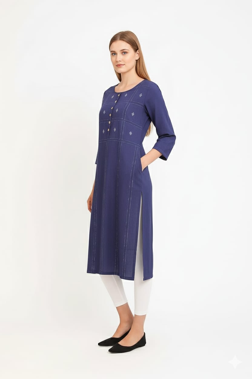 Silakaari Noora Printed Button Stylish Soft Denim Long Kurti