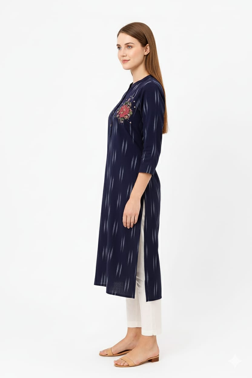 Silakaari Yalina Navy Blue Printed Hand Embroidery Long Kurti