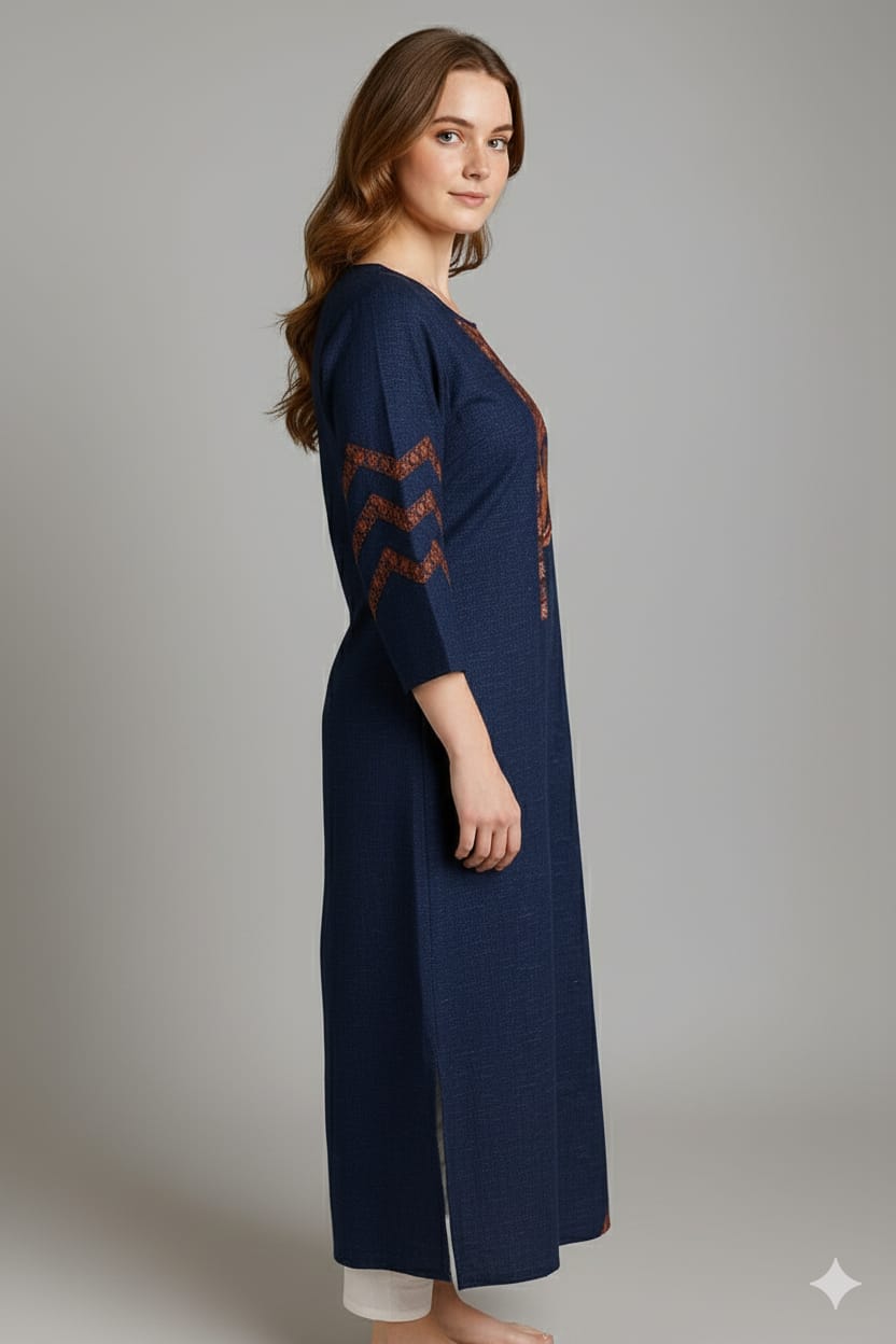 Silakaari Rahma Navy blue Embroidered Extra Long Rayon kurti