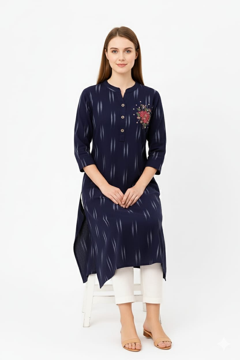 Silakaari Yalina Navy Blue Printed Hand Embroidery Long Kurti