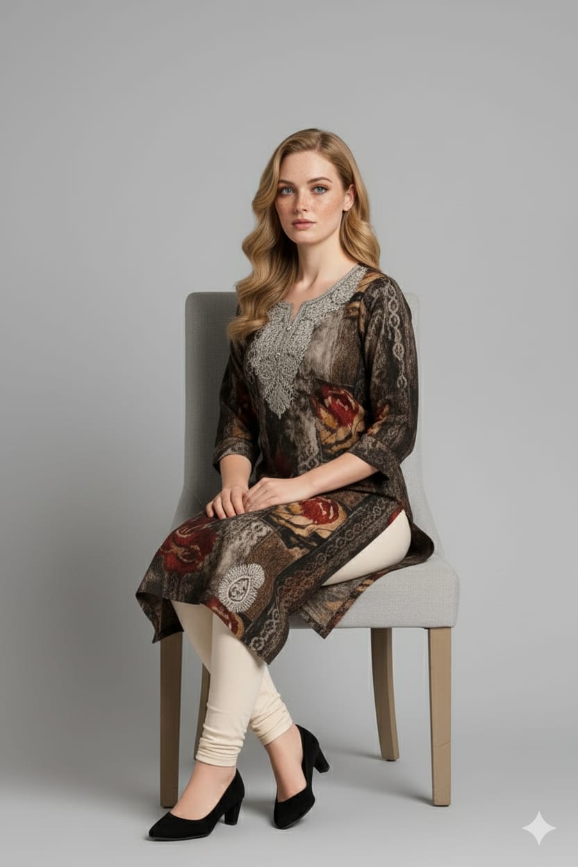 Silakaari Anya Heavy Rayon Mix & Match Black Embroidery Long Kurti