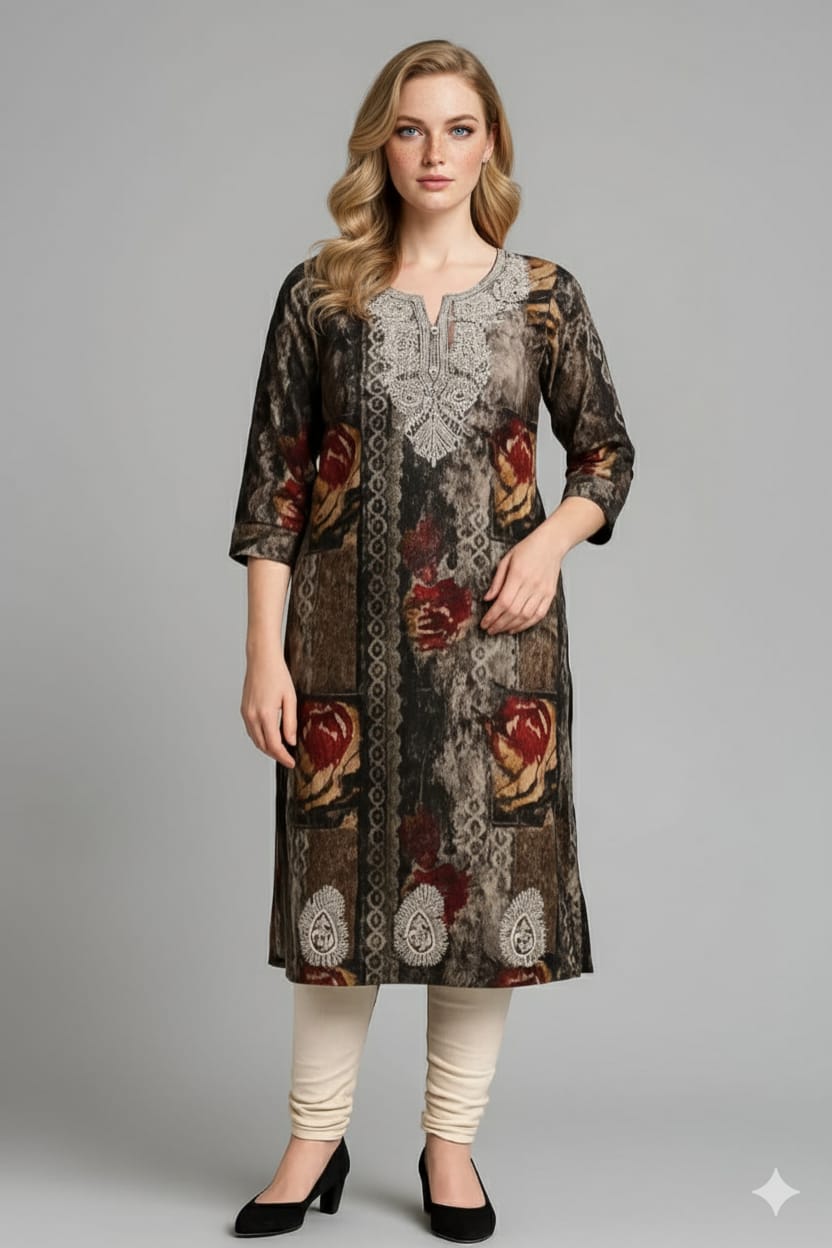 Silakaari Anya Heavy Rayon Mix & Match Black Embroidery Long Kurti