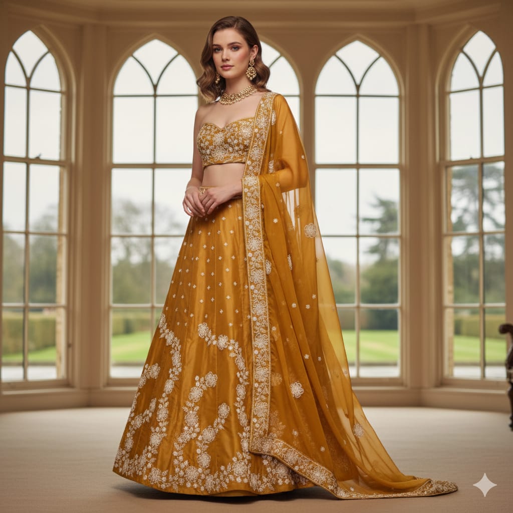 Silakaari Mustard Fancy Floral Sequin Heavy Parywear Unstitched Lehenga Sharara Set
