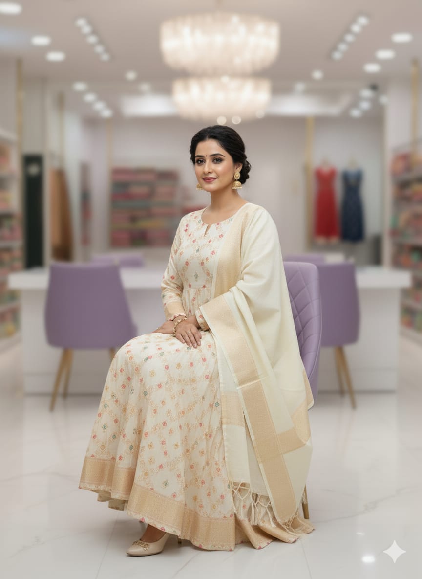 Silakaari Rimsha Off White Floral Woven Ethnic Banarasi Unstitched Dress Material