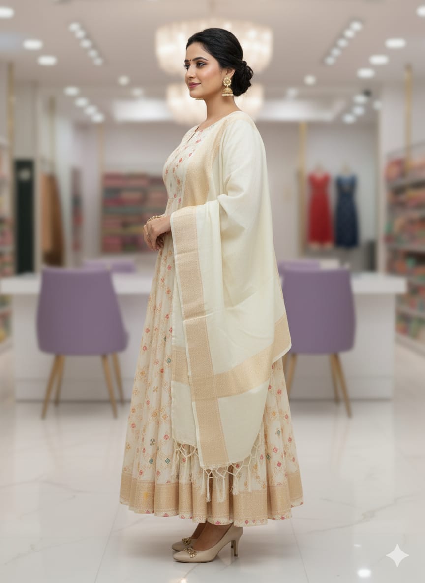 Silakaari Rimsha Off White Floral Woven Ethnic Banarasi Unstitched Dress Material