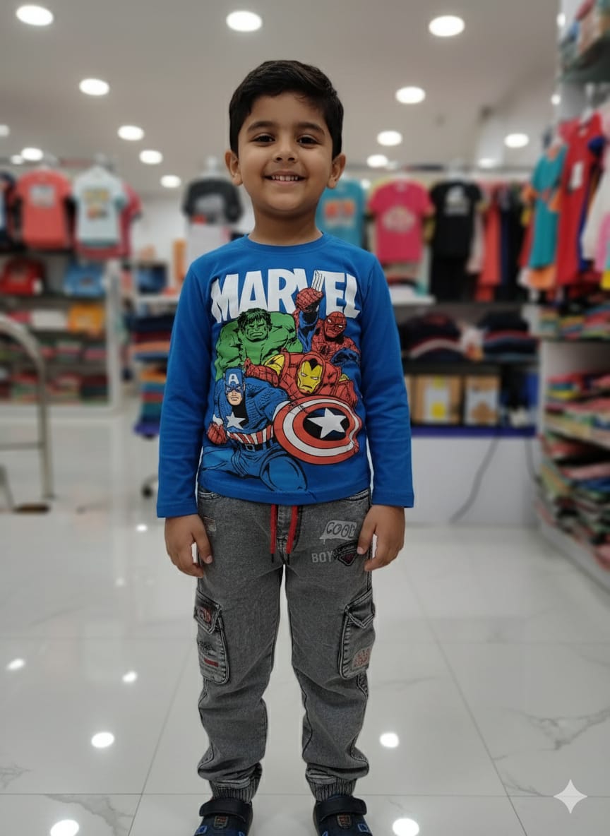 Silakaari Kids Blue Marvel Regular Fit Casual Full Sleeve T-Shirt for Boys