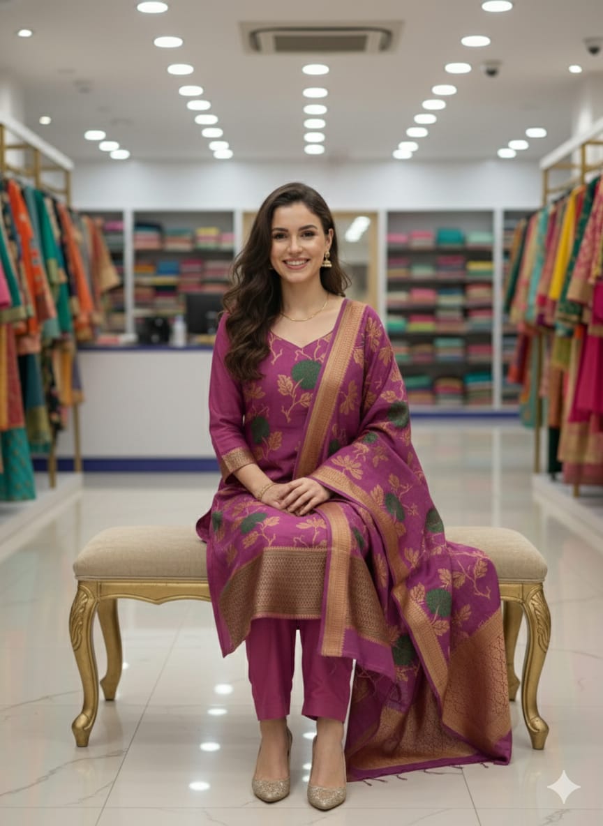 Silakaari Tahira Floral Purple Zari Woven Banarasi Unstich Dress Material