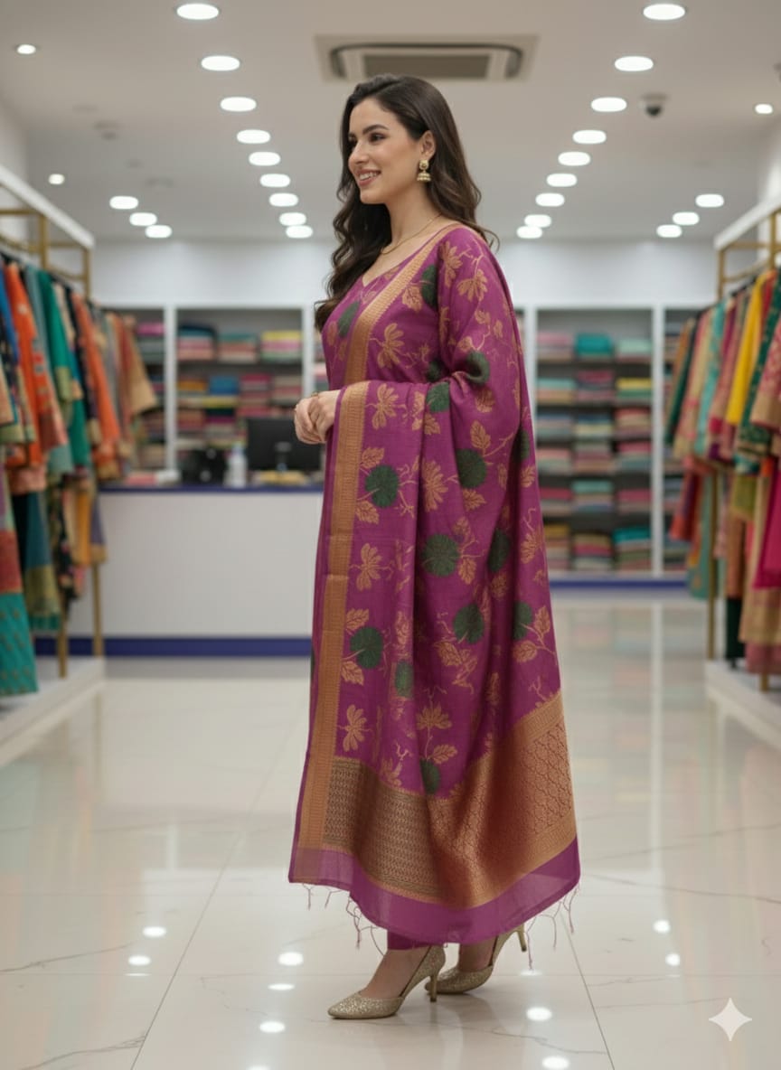 Silakaari Tahira Floral Purple Zari Woven Banarasi Unstich Dress Material