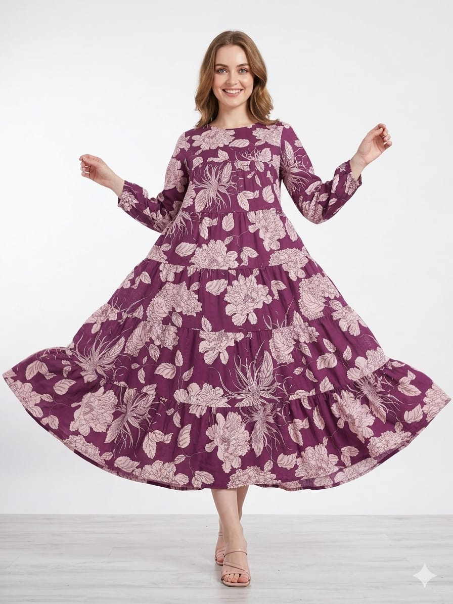 Silakaari Daania Floral Printed Flared Layered Long Kurta with Long Sleeves