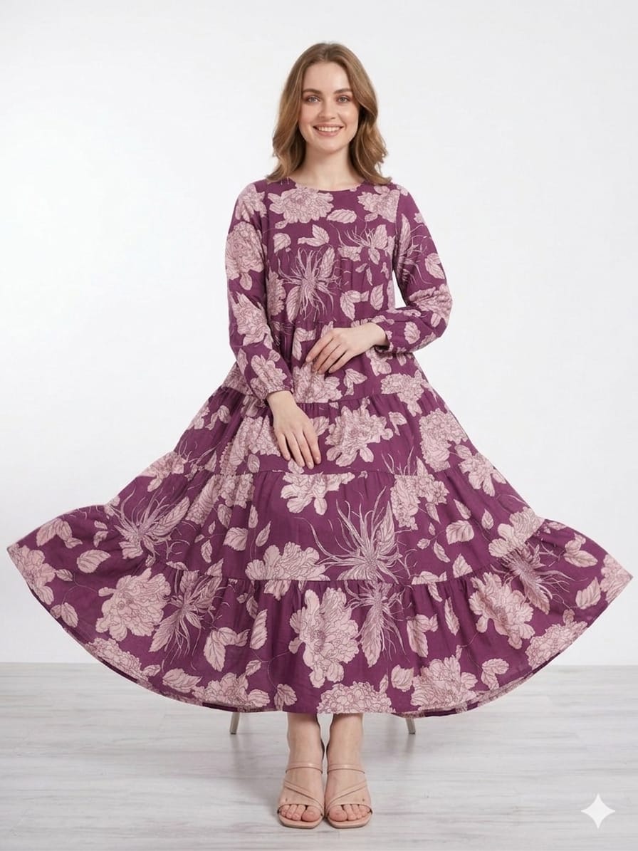 Silakaari Daania Floral Printed Flared Layered Long Kurta with Long Sleeves