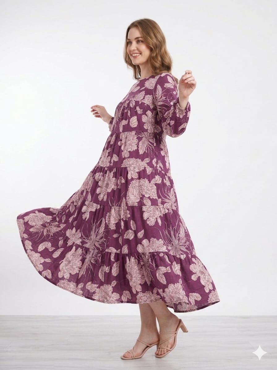 Silakaari Daania Floral Printed Flared Layered Long Kurta with Long Sleeves