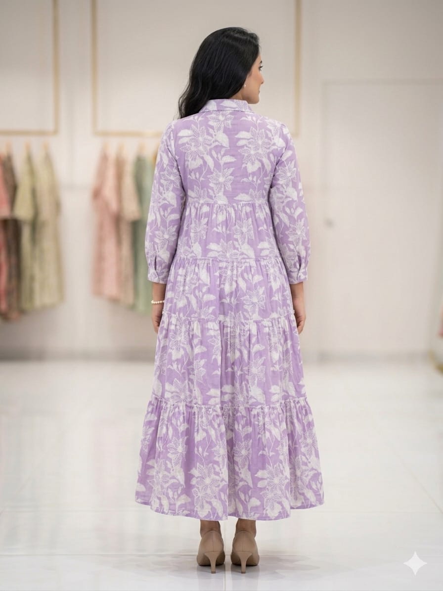 Silakaari Lavender Floral Printed Layered Dress for Women
