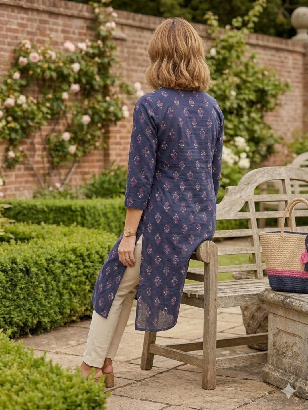 Silakaari Sara Navy Blue Printed Cotton A-Line Kurti