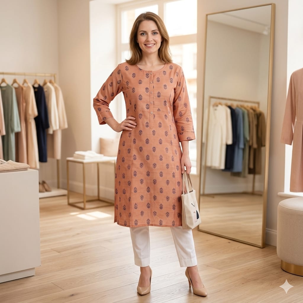 Silakaari Sabira Peach Printed Cotton A-Line Button Kurti