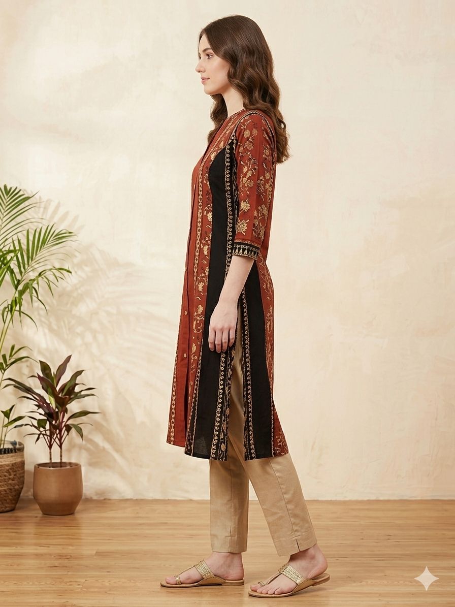 Silakaari Nawal Printed A-Line Kurti Ethnic Floral With Border Print