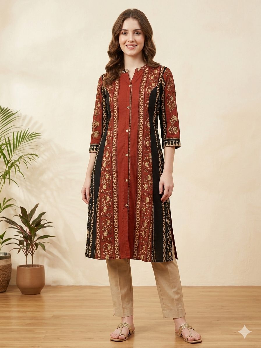 Silakaari Nawal Printed A-Line Kurti Ethnic Floral With Border Print