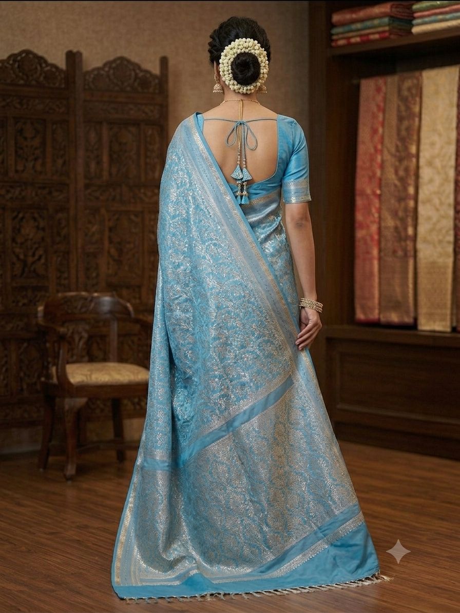 Silakaari Elina Banarasi Zari Woven Pure Silk Premium Saree – Elegant Blue Designer Saree with Rich Floral Weave