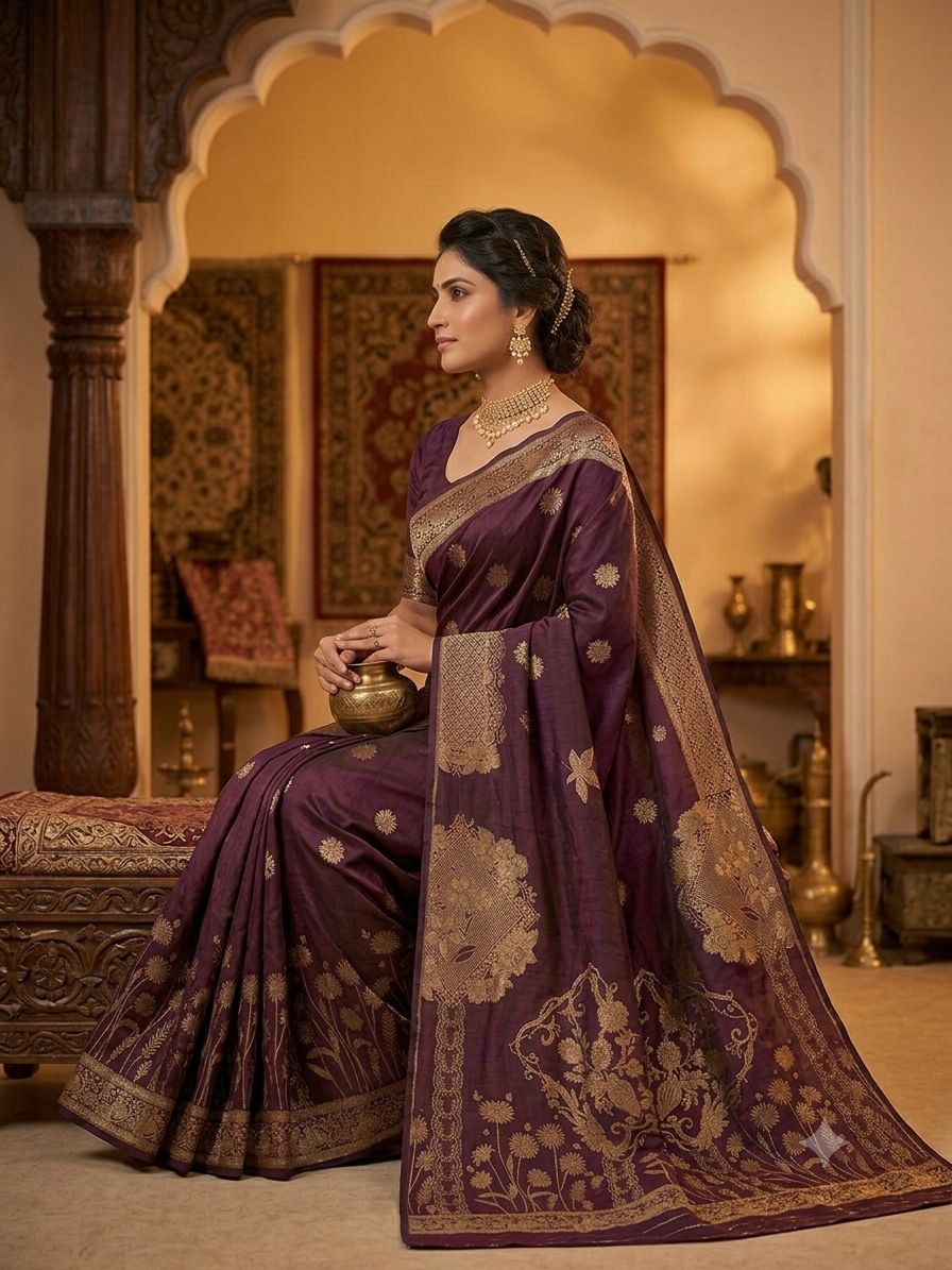 Silakaari Hiya Banarasi Pure Silk Premium Saree – Rich Wine Purple Saree with Intricate Golden Zari Woven Design