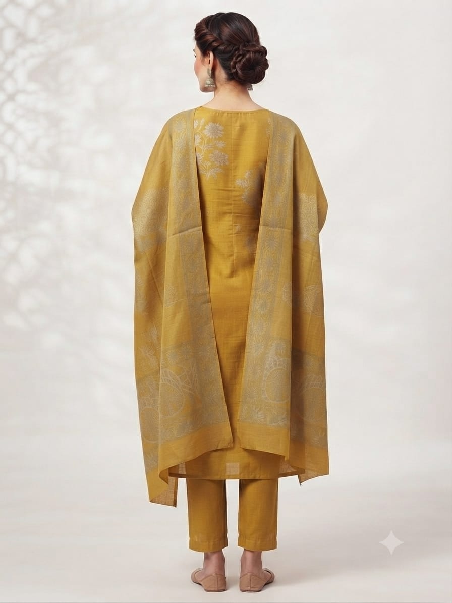 Silakaari Azra Mustard Yellow Unstitched Dress Material for Women | Premium Floral Printed Suit Material with Dupatta