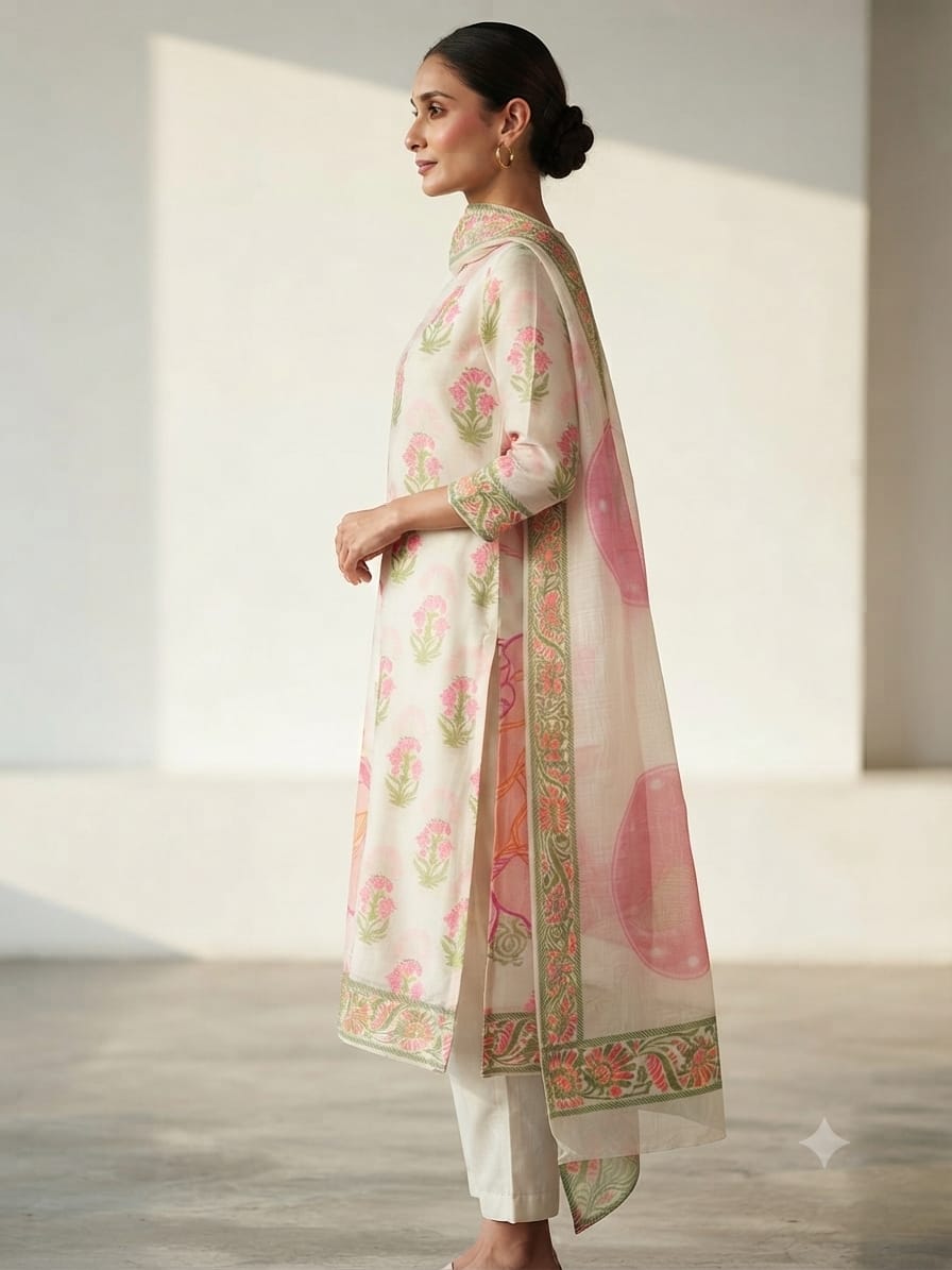 Silakaari Zeynep Banarasi Cotton Silk Unstitched Dress Material for Women | Floral Zari Suit Material with Dupatta