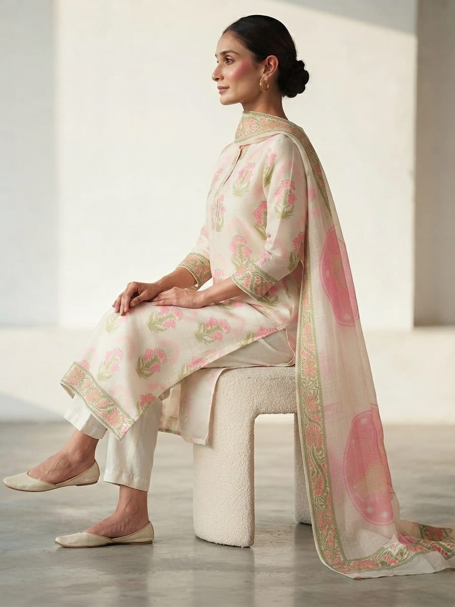 Silakaari Zeynep Banarasi Cotton Silk Unstitched Dress Material for Women | Floral Zari Suit Material with Dupatta